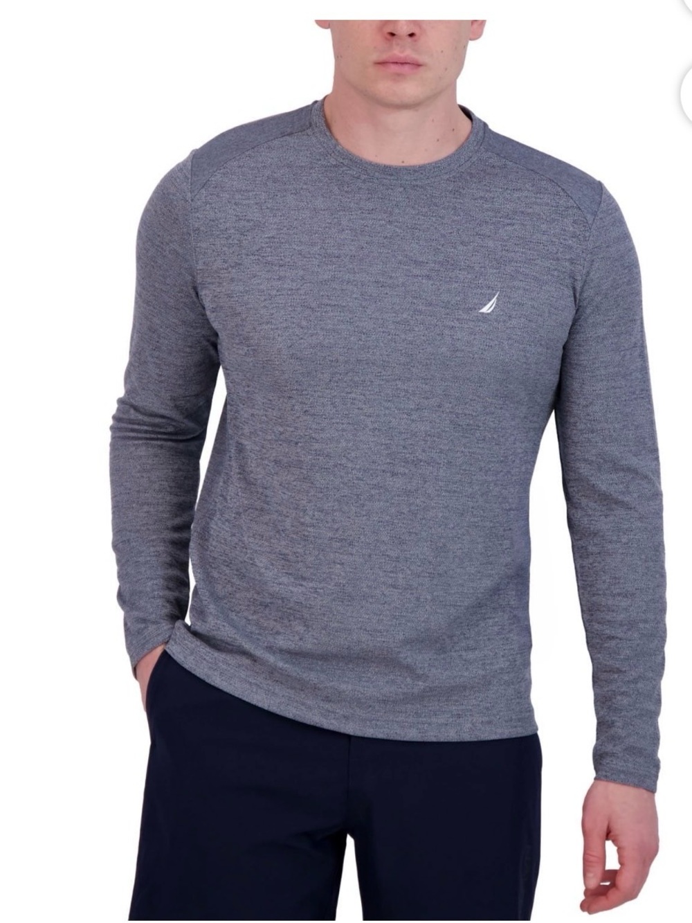 Nautica Men's Long-Sleeve Heathered Blue-Grey Crew Neck Shirt